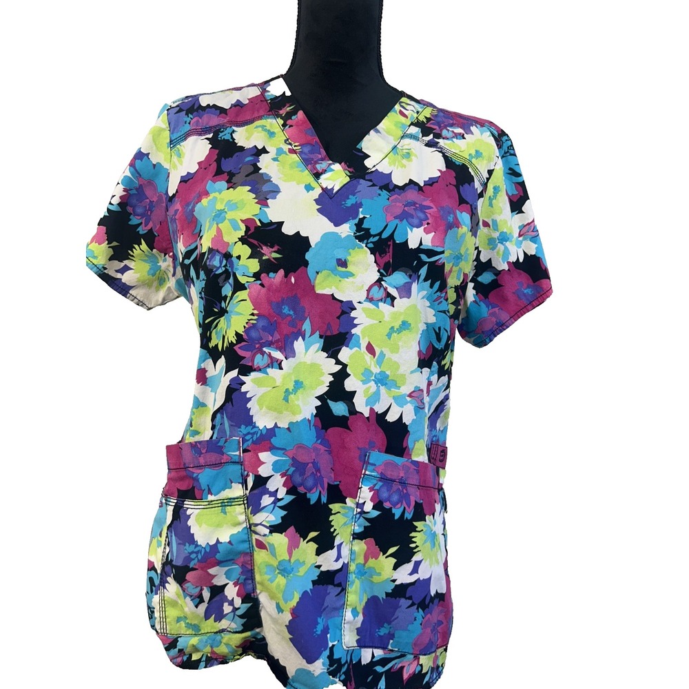 Wonder Wink Scrub Top Women's Size L Floral 2 Pockets Short Sleeves Dopamine